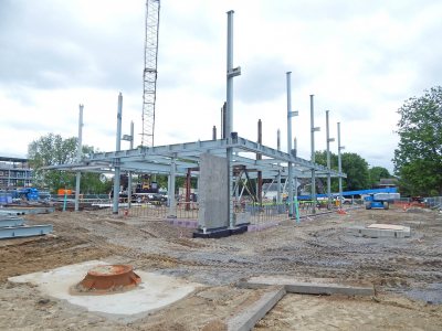 The new student residence at 55 Campus Ave. shown on June 3, 2015, the day after steelworkers started erecting the skeleton. (Doug Hubley/Bates College)