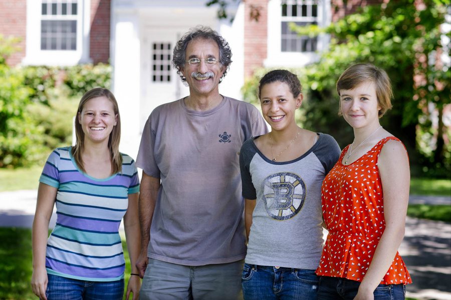 Tom Wenzel, Dana Professor of Chemistry, with three Bates students whom he recently brought along to the 27th International Chirality Conference in Boston: from left, Anna Berenson '16 of Topsfield, Mass., a biochemistry major; Tayla Duarte '17 of North Miami Beach, Fla., a neuroscience major; Wenzel; and Caroline Holme '17 of Winnetka, Ill., also a biochemistry major.