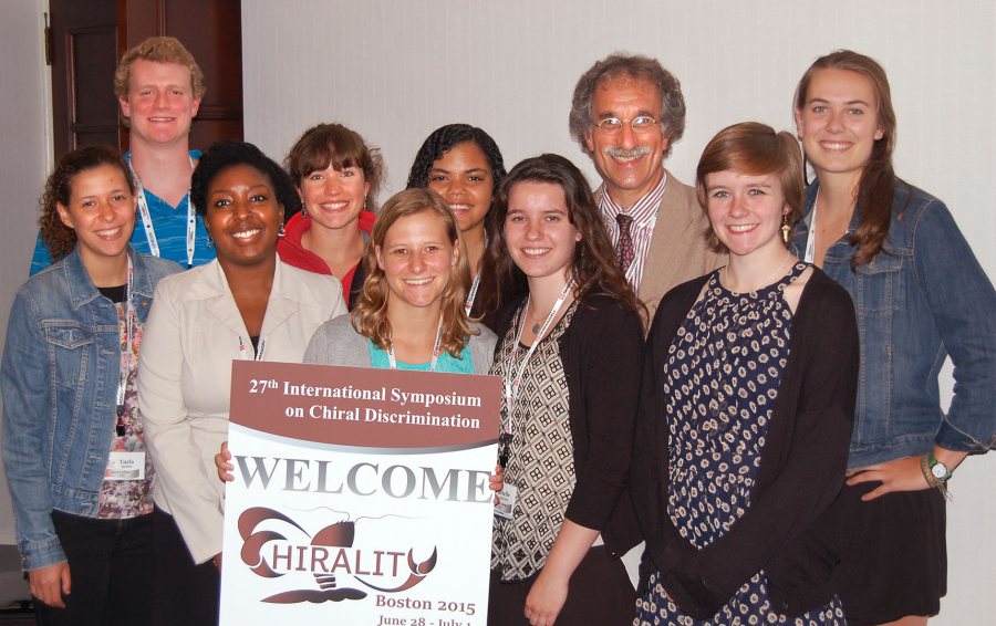 The Bates contingent poses at Chirality 2015. Back row, from left, William Patton '15, Mira Carey-Hatch '14, Yolanda Rodriguez '15, Tom Wenzel, Alison Dowey '15. Front row, from left, Tayla Duarte '17, Cira Mollings Puentes '16, Caroline Holme '16, Brielle Dalvano '16, and Anna Berenson '16