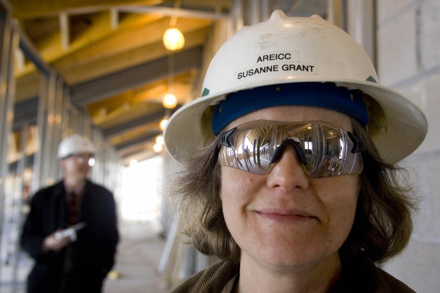 Susanne takes you up: Clerk of the works Susanne Grant guided Campus Construction Update through the new student housing. (Phyllis Graber Jensen/Bates College)