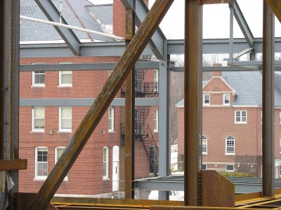 Roger Williams and Hedge halls from the Commons' second floor. (Doug Hubley/Bates College)