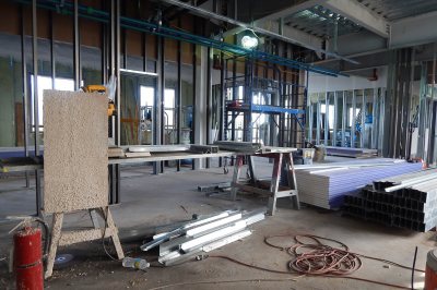 A bench for cutting wall studs at 65 Campus Ave. (Doug Hubley/Bates College)