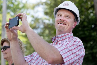 Project manager Chris Streifel, photographed during the June 19 topping-off ceremony that marked the end of structural steelwork on the Campus Life Project dorms. (Phyllis Graber Jensen/Bates College)