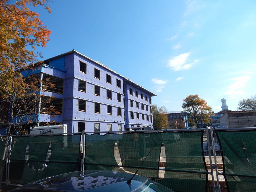 The Grape Wall: Photographed Oct. 20, 2015, the south wall at 55 Campus Ave. is still naked purple wallboard. (Doug Hubley/Bates College)