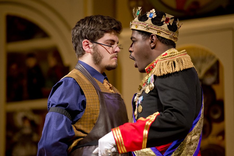 Colin McIntire ’16 of Darien, Conn., as Drosselmeier tries to reason with the royal played by Brennen Malone ’17 of Philadelphia.