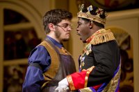 Colin McIntire ’16 of Darien, Conn., plays Drosselmeier and Brennen Malone ’17 of Philadelphia plays the royal in “Marie and the Nutcracker,” a new take on the old story by Dana Professor of Theater Martin Andrucki. Shows continue through Monday, Nov. 9. (Phyllis Graber Jensen/Bates College)