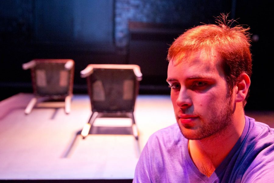 In his stage production of Norman Corwin’s broadcast play "They Fly Through the Air With the Greatest of Ease," director Sam Wheeler ’17 brings radio storytelling to life. (Phyllis Graber Jensen/Bates College)