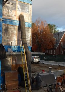 A natural-gas fired heater pumps toasty air into the first and third floors at 65 Campus Ave. on Oct. 30, 2015. (Doug Hubley/Bates College)