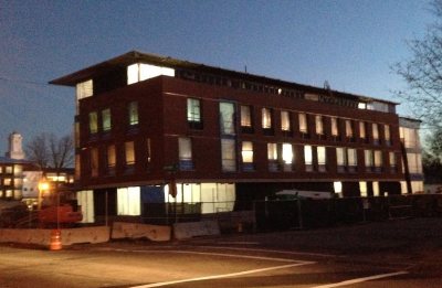 The 55 Campus Ave. residence glows at dusk on Nov. 9, 2015. (Doug Hubley/Bates College) 