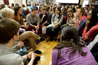 Members of the Bates and Lewiston-Auburn communities share their views in the Muskie Archives during the 2015 MLK Day workshop "Perspectives on Ferguson." (Phyllis Graber Jensen/Bates College)