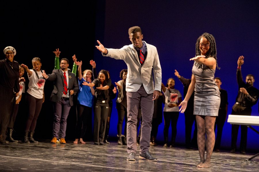 Co-directors Olivier Brillant '17 and Annakay Wright '17 accept the audience's appreciation after the 2015 Sankofa production on Martin Luther King Jr. Day, "Black Voice: The Life of Evelyn Ola Johnson." (Phyllis Graber Jensen/Bates College)