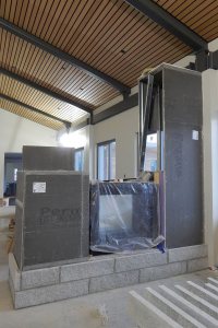 A gas fireplace under construction in the Treehouse, a rec room on the fourth floor of 65 Campus Ave.. (Doug Hubley/Bates College) 