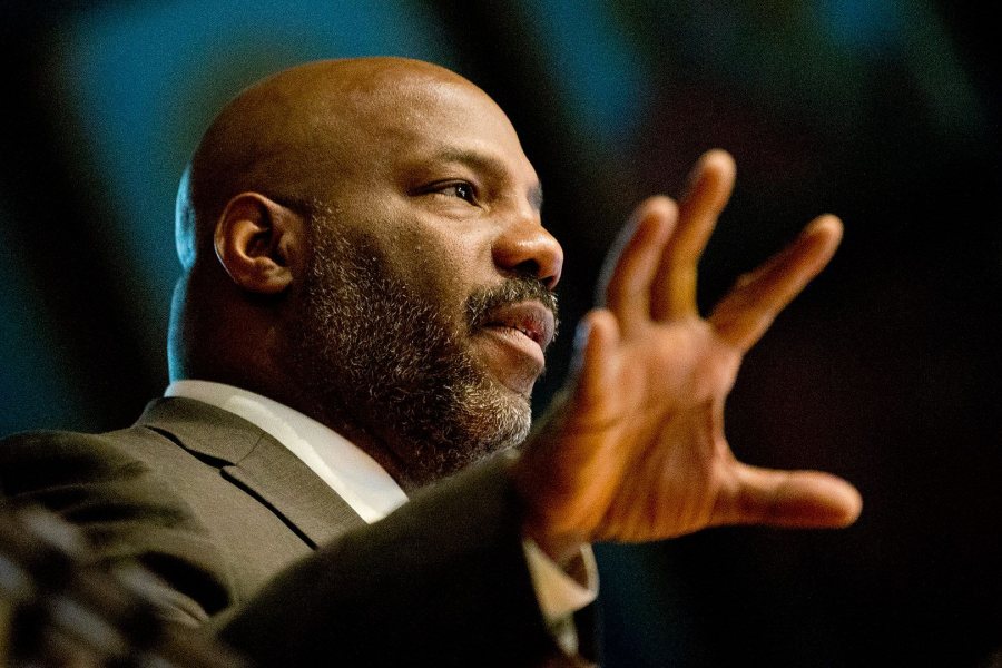 William Jelani Cobb gives the 2016 Martin Luther King Jr. Day keynote address in the Gomes Chapel at Bates on Jan. 21. (Phyllis Graber Jensen/Bates College)