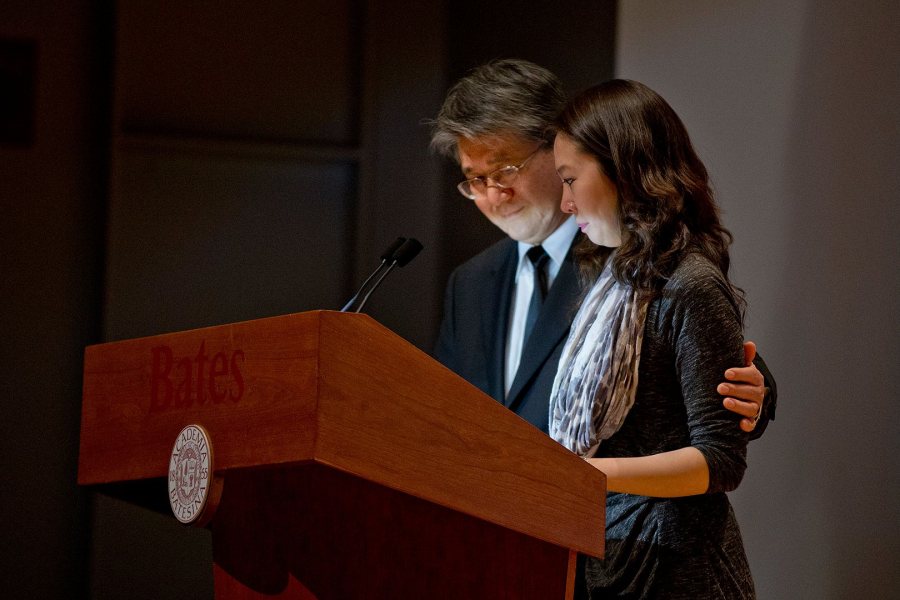 The father of James Jhun '16, Byung Hak Jhun, and James' sister, Iny Jhun, read a prayer for James during a Jan. 22 memorial service. The prayer was composed by Eunmi Jhun, mother of James and Iny and wife of Byung. (Phyllis Graber Jensen/Bates College)