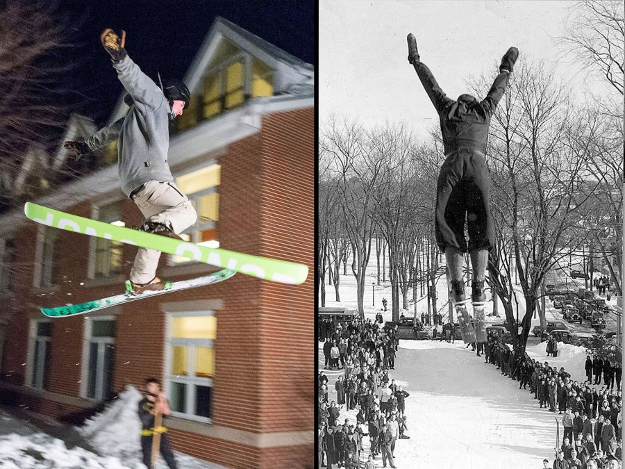 Patrick Sheils '19 (left) of Portland, Maine, and Robert Ireland '40 (right) using the same launch pad, Mount David, to show their skills. (Josh Kuckens/Bates College; Muskie Archives and Special Collections Library.)