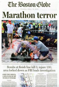 The cover of The Boston Globe on April 16, 2013, the day after the Marathon bombing.