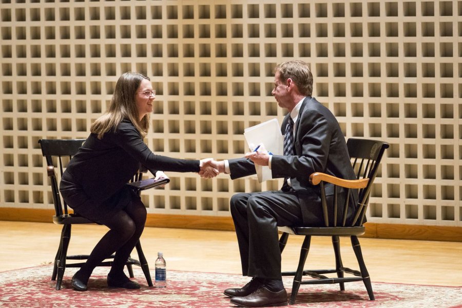 Brian McGrory ’84, editor-in-chief of The Boston Globe, greets Julia Mongeau ’16 of Melrose, Mass., editor of The Bates Student, during an audience Q&A after he spoke at the Olin Arts Center. McGrory was the College Key Distinguished Alumnus in Residence. (Josh Kuckens/Bates College)