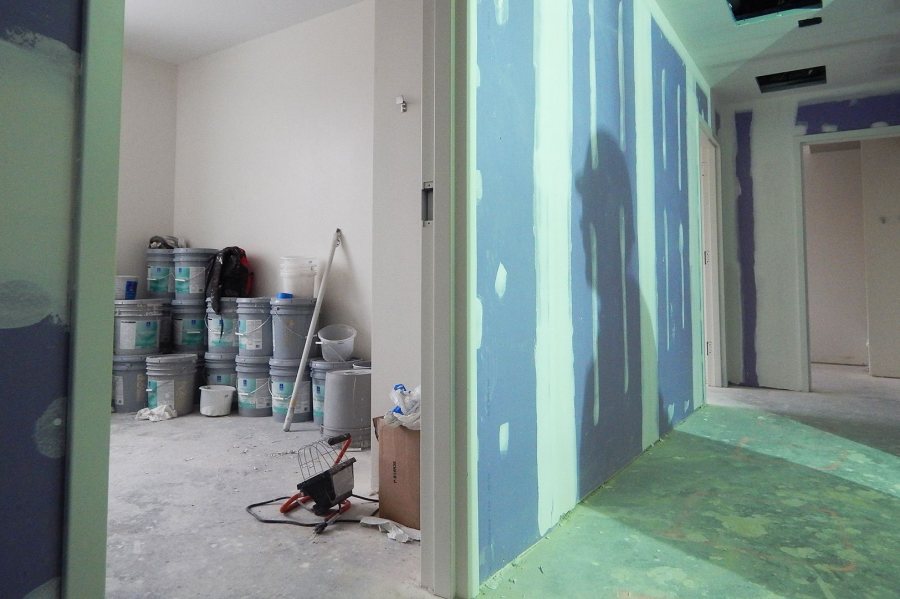 Drywall, taped and mudded. These rooms on the third floor of 55 Campus Ave. belong to an asymmetrical cluster at one end of the building. There's a similar enclave on the second floor, and one each on the same floors of 65 Campus. (Doug Hubley/Bates College)