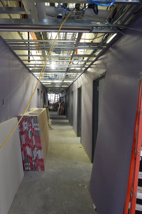 Raw drywall, no tape, no mud: A residential corridor on the second floor of 55 Campus Ave. (Doug Hubley/Bates College) 