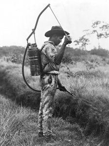 The battle against malaria and mosquitoes has been going on for hundreds of years. This undated photo from the early 1900s shows a man spray oil to control mosquitos. (ibrary of Congress Prints and Photographs Division)