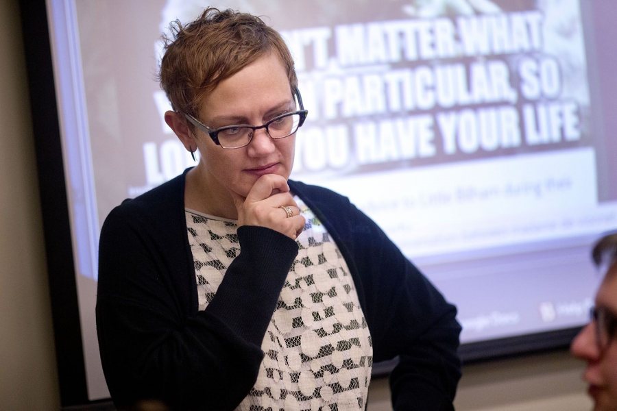 Assistant Professor of English Eden Osucha teaches a class in Hathorn Hall. (Phyllis Graber Jensen/Bates College)