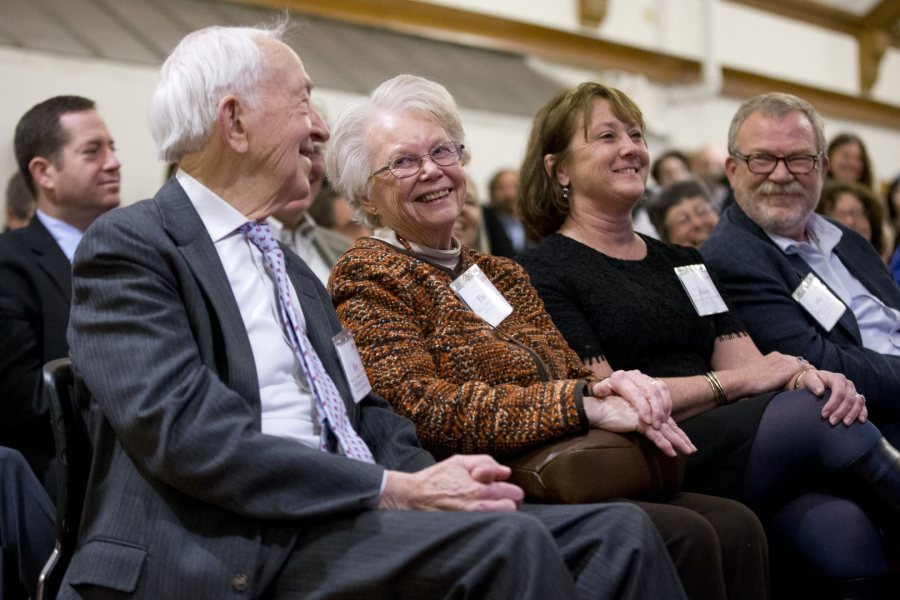 In February, seven Bates families announced gifts of $19 million to the college, led by a $10 million gift from Mike ’80 and Alison Bonney ’80, seated at right with Mike’s parents, Wes ’50 and Elaine Bonney, during the announcement in Memorial Commons. The gifts will fund six new professorships and help launch the college’s Program in Digital and Computational Studies. (Phyllis Graber Jensen/Bates College)