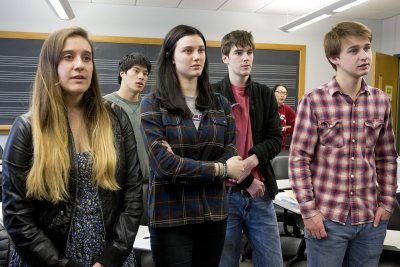 Students sing in an improvisation exercise in a Music Theory II class on March 30, 2016. (Phyllis Graber Jensen/Bates College)