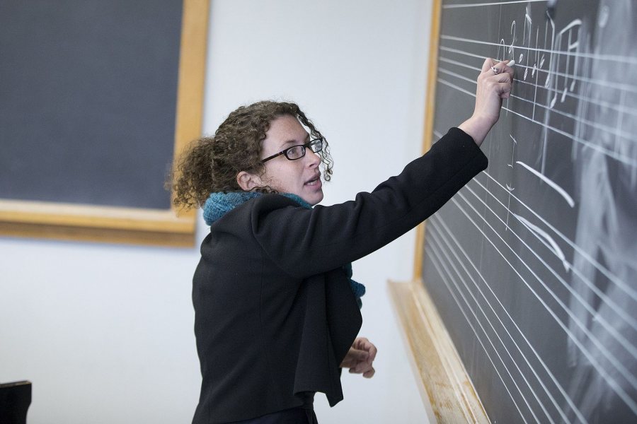 Janet Bourne, Mellon Postdoctoral Fellow in the Humanities, teaches Music Theory II in the Olin Arts Center on March 30. (Phyllis Graber Jensen/Bates College)