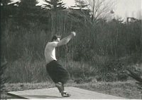 Anton Kishon '37 demonstrates his hammer-throw form, c. 1935. Kishon won the hammer throw at the 1935 NCAA Track and Field Championships.