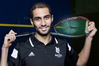 Ahmed Abdel Khalek '16 of Cairo, Bates' two-time national collegiate squash champion, poses for a portrait at the Bates Squash Center. (Josh Kuckens/Bates College)