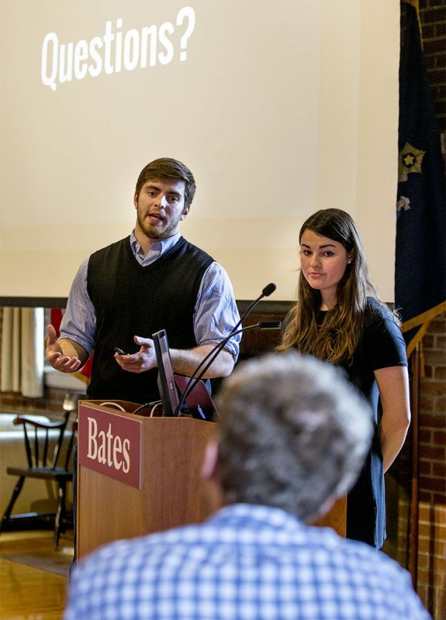 As judge Ross Brockman '11 listens, Julia Grace '17 of Chevy Chase, Md., and Sean Antonuccio '17 of Las Vegas, Nev., pitch HouseCat, a platform to connect NESCAC students looking for summer housing. (Phyllis Graber Jensen/Bates College)