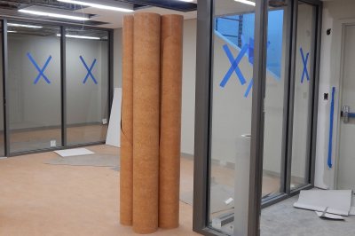 Last tan standing: Linoleum at attention in Office Services' mail and printing area in the basement of 65 Campus Ave. (Doug Hubley/Bates College)