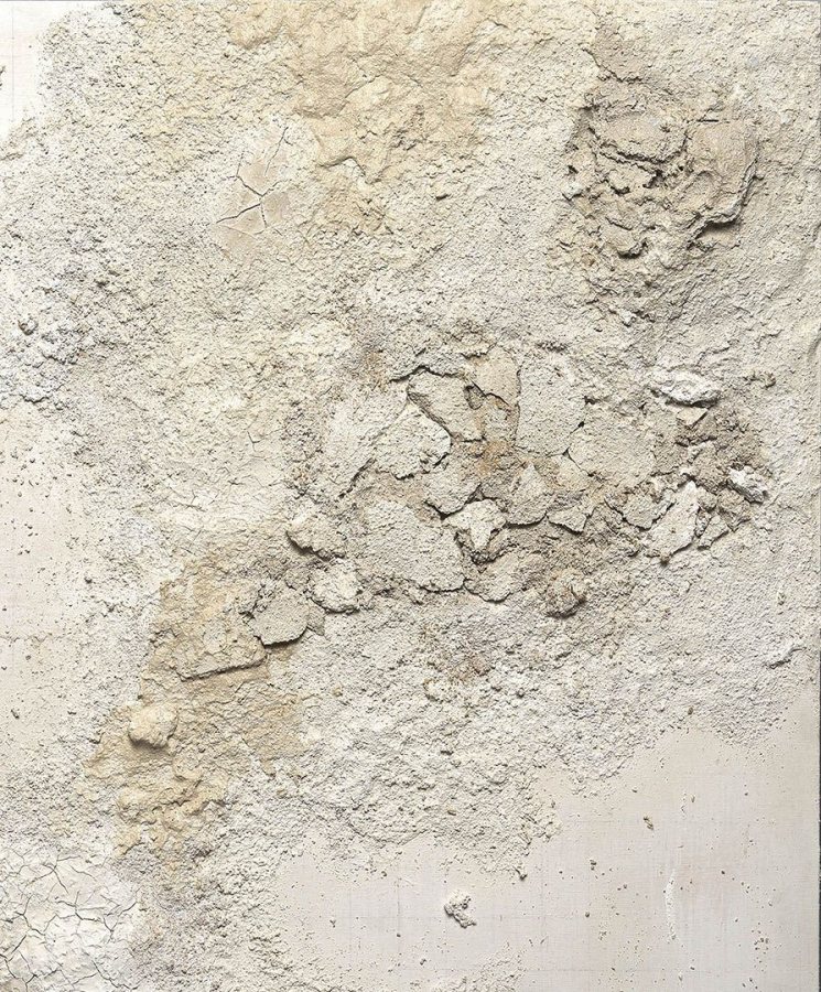 An untitled 2016 image in gesso, sand, canvas string and graphite on wood panel by Catherine DiPietro '16.