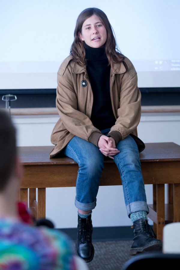 Danser describes the creative process of cinema to students in Assistant Professor of Rhetoric Jonathan Cavallero's Short Term course. (Phyllis Graber Jensen/Bates College)