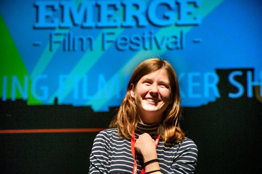 Nicole Danser '15 answers questions about her short film "Good Art" after screening it in Shaefer Theatre during the Emerge Film Festival