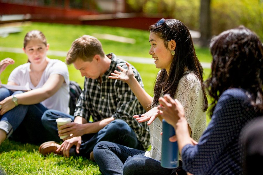 Megan Tan shares a thought with the "Life Architecture" class during a session on the Historic Quad. (Phyllis Graber Jensen/Bates College)