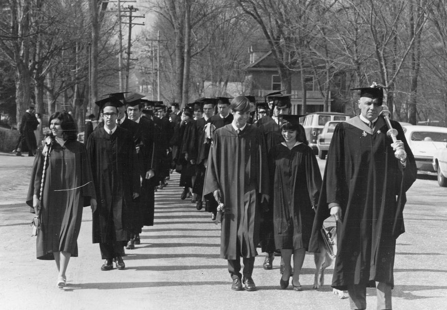 The academic procession in April 1969 for the first of two Commencements that year. The next one, for three-year grads, was on July 4. (Muskie Archives and Special Collections Library)