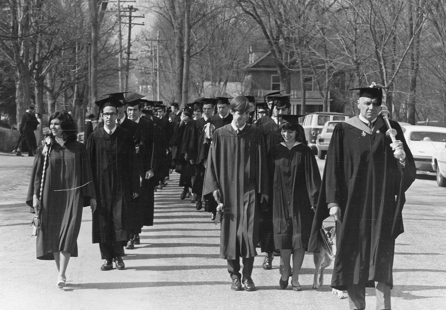 The academic procession in April 1969 for the first of two Commencements that year. The next one, for three-year grads, was on July 4. (Muskie Archives and Special Collections Library)