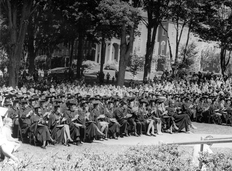 A scene from the first outdoor Bates Commencement, in 1971. (Muskie Archives and Special Collections Library)