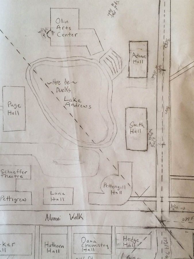 "Here be ducks": A detail from a map of the Bates campus by students in the course "Innovations in Mapping: From Paper to Pixels." 