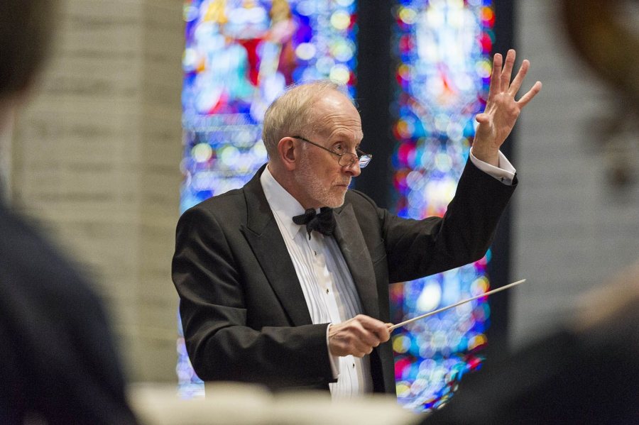 John Corrie conducts the Missa Solemnis, a landmark in Maine music-making in the Basilica of Saints Peter and Paul on April 3, 2016. (Josh Kuckens/Bates College)