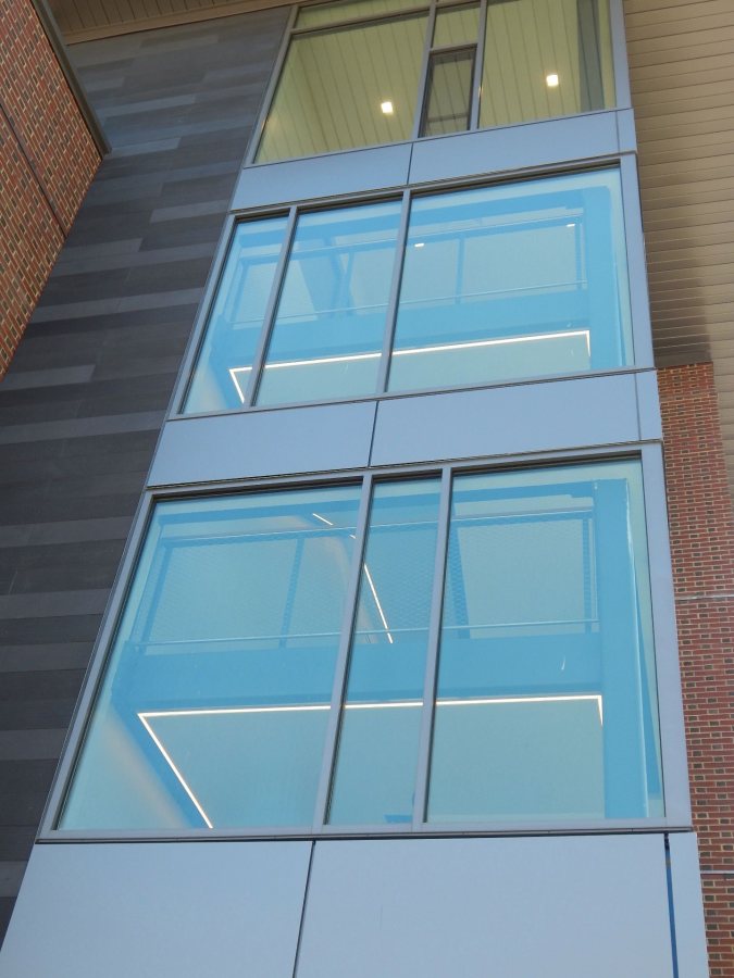 Accent lighting in a stairwell at 65 Campus Ave. (Doug Hubley/Bates College)