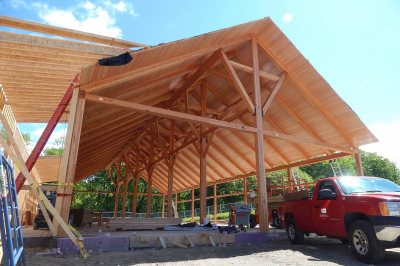 The boat storage area of Bates' new boathouse, shown on June 8, 2016. Framing in the walls is about to begin. (Doug Hubley/Bates College) 