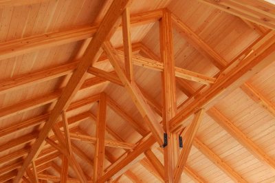 The post-and-beam framework of Bates' new boathouse, photographed on June 8, 2016. (Doug Hubley/Bates College) 