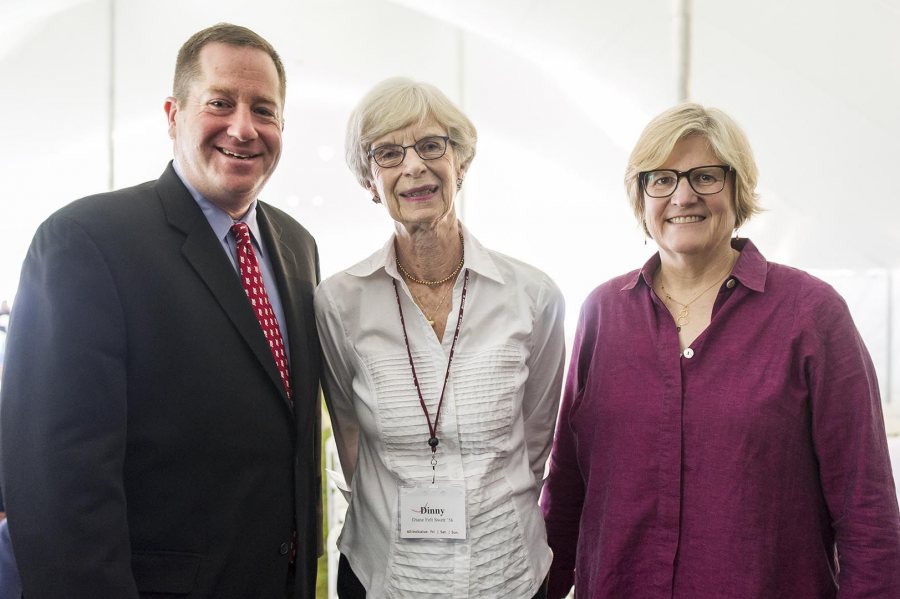 Diane Felt Swett '56 (center), recipient of a Bates' Best Award at Reunion on June 11, poses with President of the Alumni Association Michael Lieber '92 and President of Bates College Clayton Spencer. (Josh Kuckens/Bates College)