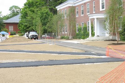 New paving marks paths that criss-cross Alumni Walk in this view facing west. (Doug Hubley/Bates College)