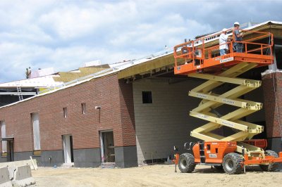 Bricks and contrasting granite on the new Commons' south wall. (Doug Hubley/Bates College)