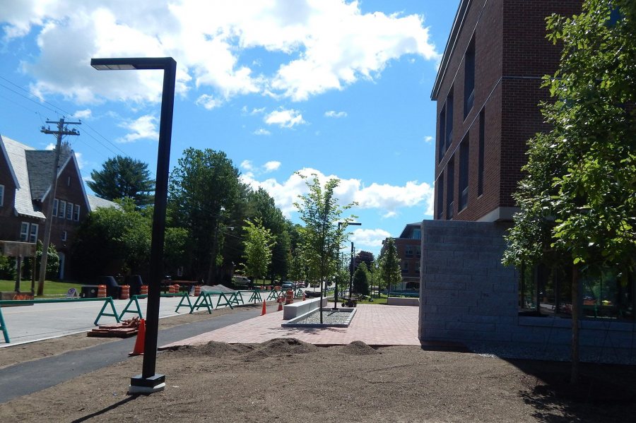 New curbs, plantings, sidewalk, lighting, and brick paving at 55 Campus Ave. on June 30, 2016. (Doug Hubley/Bates College) 