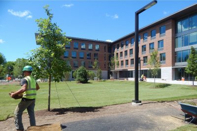 A landscaper at 55 Campus Ave. lugs turf, at lower left, while in the background a mason cuts bricks for a walkway next to the building. The image was taken on June 30, 2016. (Doug Hubley/Bates College)