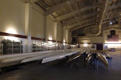 The Bates rowing fleet was stored at Underhill Arena while the college was between boathouses in July 2016. (Doug Hubley/Bates College)